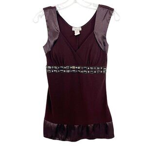 Vintage Y2K Brown Babydoll Tank Top Satin Trim Rhinestone Coquette Glam MEDIUM